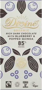 Divine FT & ORG 85% Quinoa Blueberry Dark Chocolate 80g-Case of 10