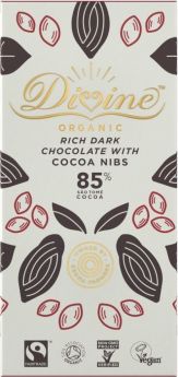 Divine Fair Trade & Organic 85% Rich Dark Chocolate with Cocoa Nibs 80g 